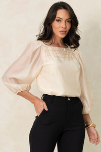 Blusa Ivana Manga Longa Com Prega Frente - Bege