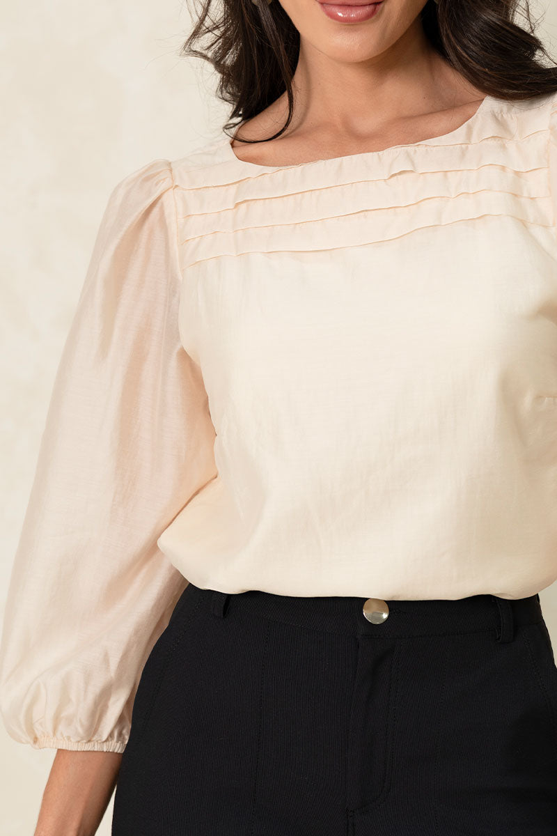 Blusa Ivana Manga Longa Com Prega Frente - Bege
