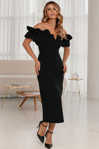 Vestido Driely Midi Decote V Com Babados - Preto