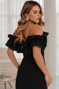 Vestido Driely Midi Decote V Com Babados - Preto
