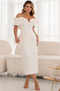 Vestido Driely Midi Decote V Com Babados - Off White