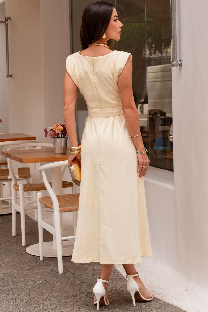 Vestido Irani Linho Com Faixa e Botão - Amarelo