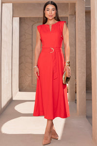 Vestido Irani Linho Com Faixa e Botão - Vermelho