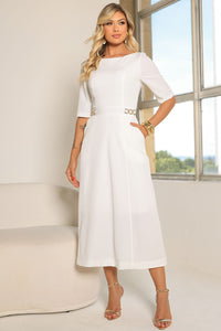 Vestido Hebe Midi Manga Curta Com detalhe Metal - Off White