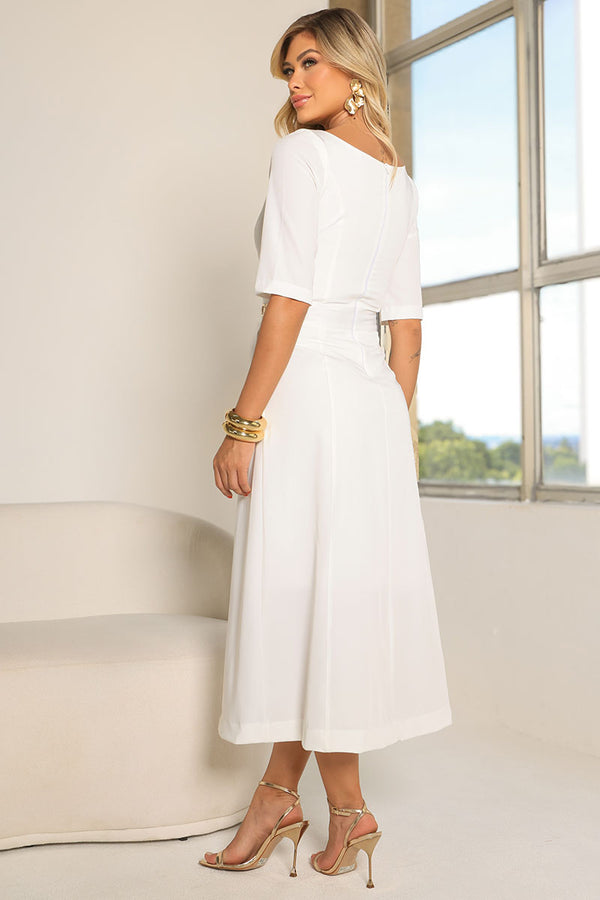 Vestido Hebe Midi Manga Curta Com detalhe Metal - Off White
