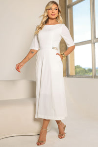 Vestido Hebe Midi Manga Curta Com detalhe Metal - Off White