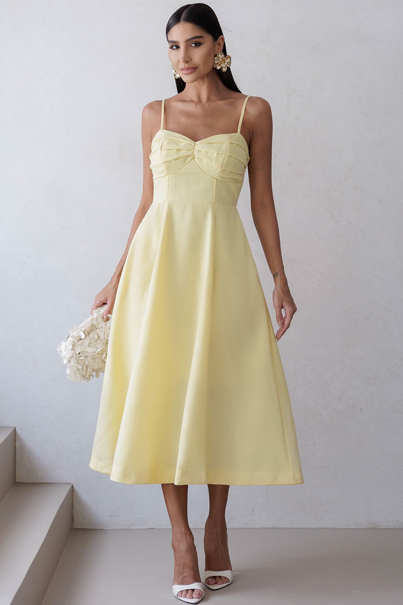 Vestido Elizandra Com Alca Fina e Prega no Busto - Amarelo