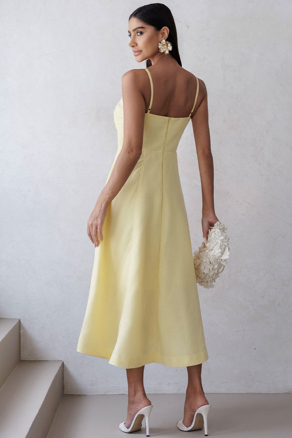 Vestido Elizandra Com Alca Fina e Prega no Busto - Amarelo