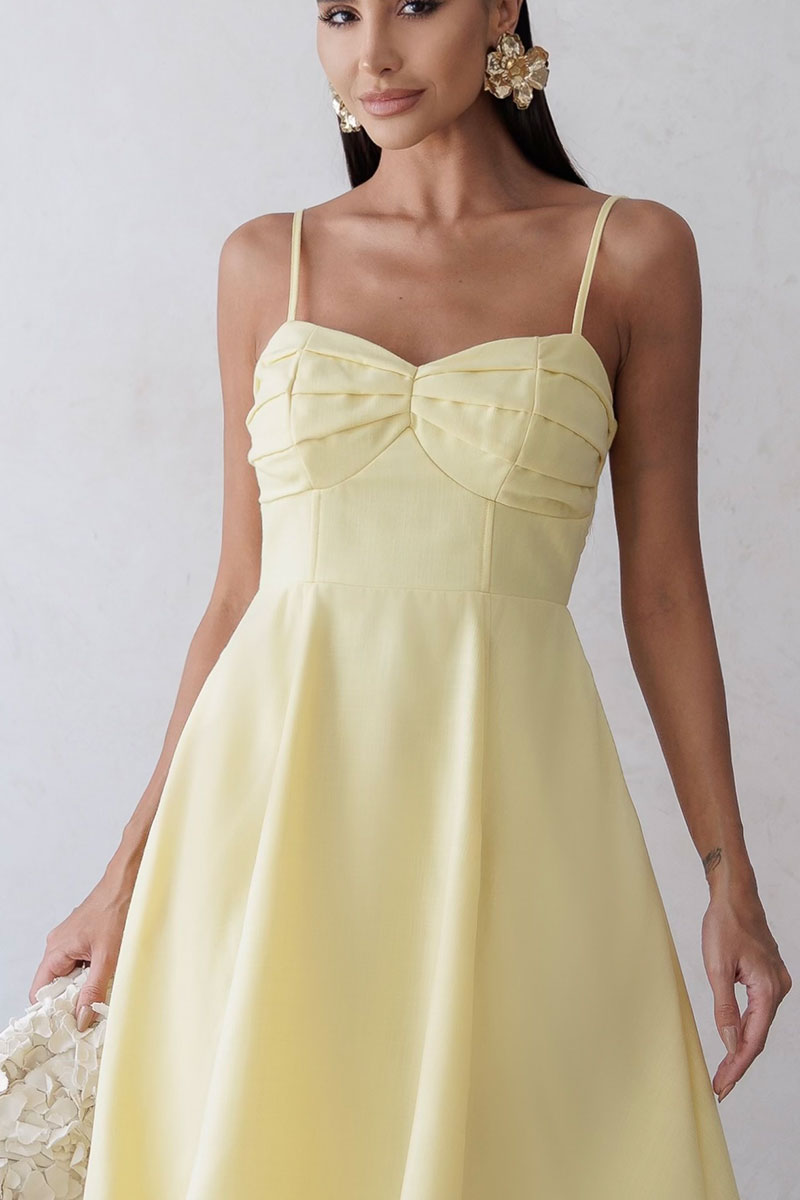 Vestido Elizandra Com Alca Fina e Prega no Busto - Amarelo