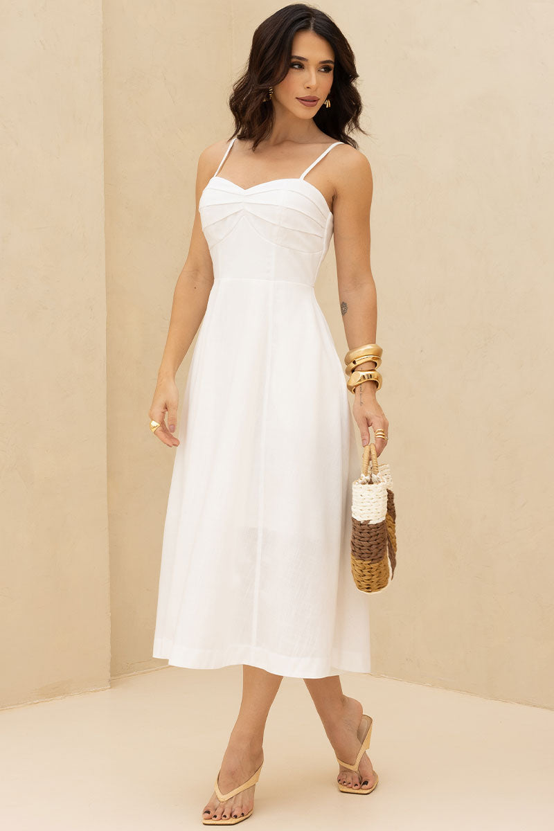 Vestido Elizandra Com Alça Fina e Prega no Busto - Off White
