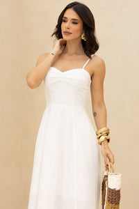 Vestido Elizandra Com Alça Fina e Prega no Busto - Off White