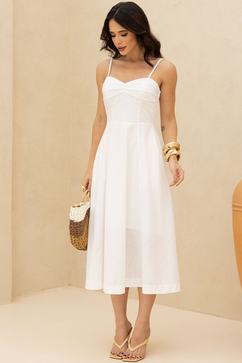 Vestido Elizandra Com Alça Fina e Prega no Busto - Off White