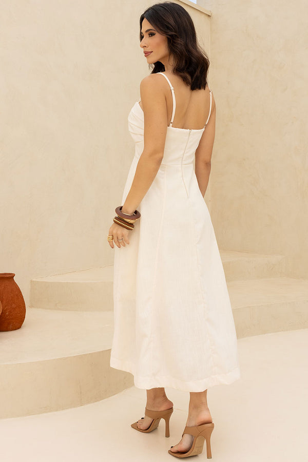 Vestido Elizandra Com Alça Fina e Prega no Busto - Bege