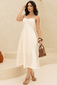 Vestido Elizandra Com Alça Fina e Prega no Busto - Bege