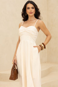 Vestido Elizandra Com Alça Fina e Prega no Busto - Bege