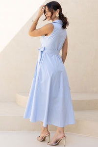 Vestido Cassaiana Midi Listrado Com Botão - Azul