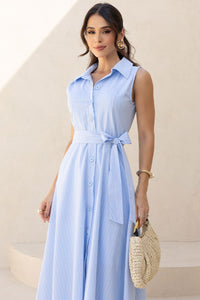 Vestido Cassaiana Midi Listrado Com Botão - Azul