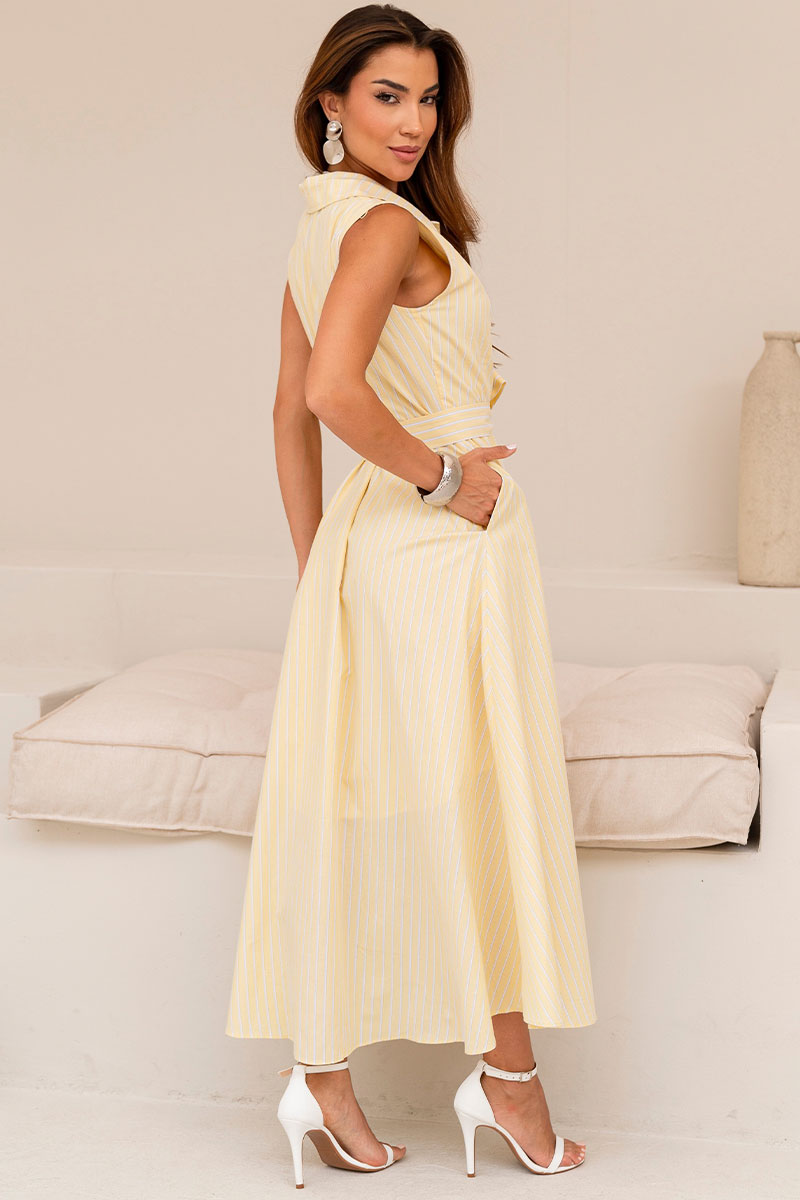 Vestido Cassiana Midi Listrado Com Botão - Amarelo