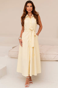 Vestido Cassiana Midi Listrado Com Botão - Amarelo