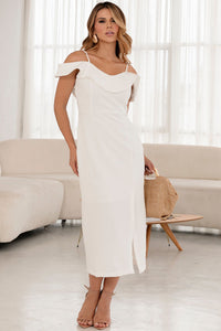 Vestido Aurora Midi Com Alça, Fenda e Babado - Off White