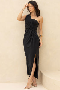 Vestido Ariadine Midi Um Ombro Só Com Fenda - Preto