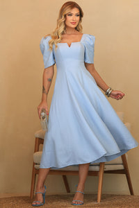 Vestido Dafny Decote V Com  Manga e Prega - Azul