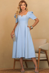 Vestido Dafny Decote V Com  Manga e Prega - Azul