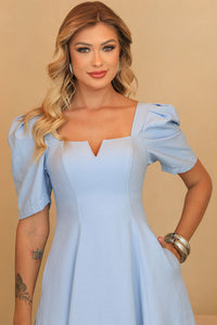 Vestido Dafny Decote V Com  Manga e Prega - Azul