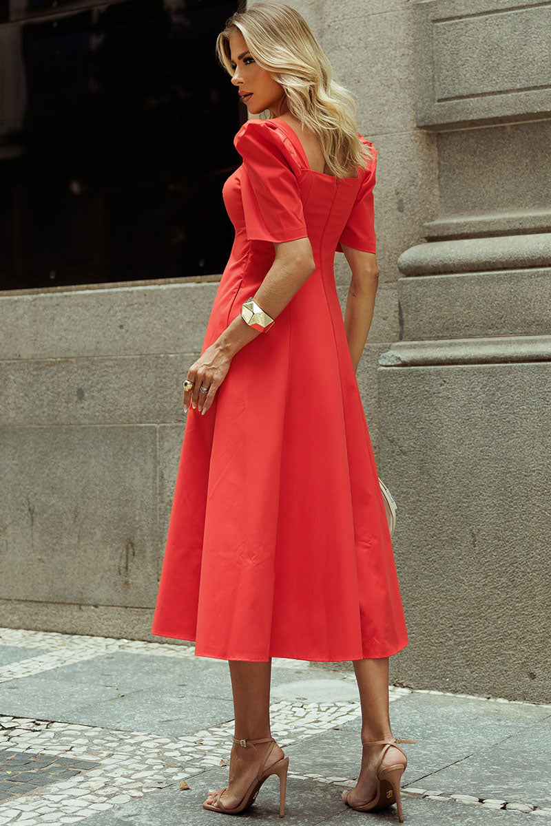 Vestido Dafny Decote V Com  Manga e Prega - Vermelho