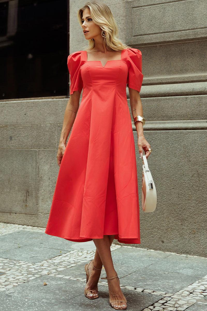 Vestido Dafny Decote V Com  Manga e Prega - Vermelho