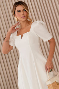 Vestido Dafny Decote V Com  Manga e Prega - Off White