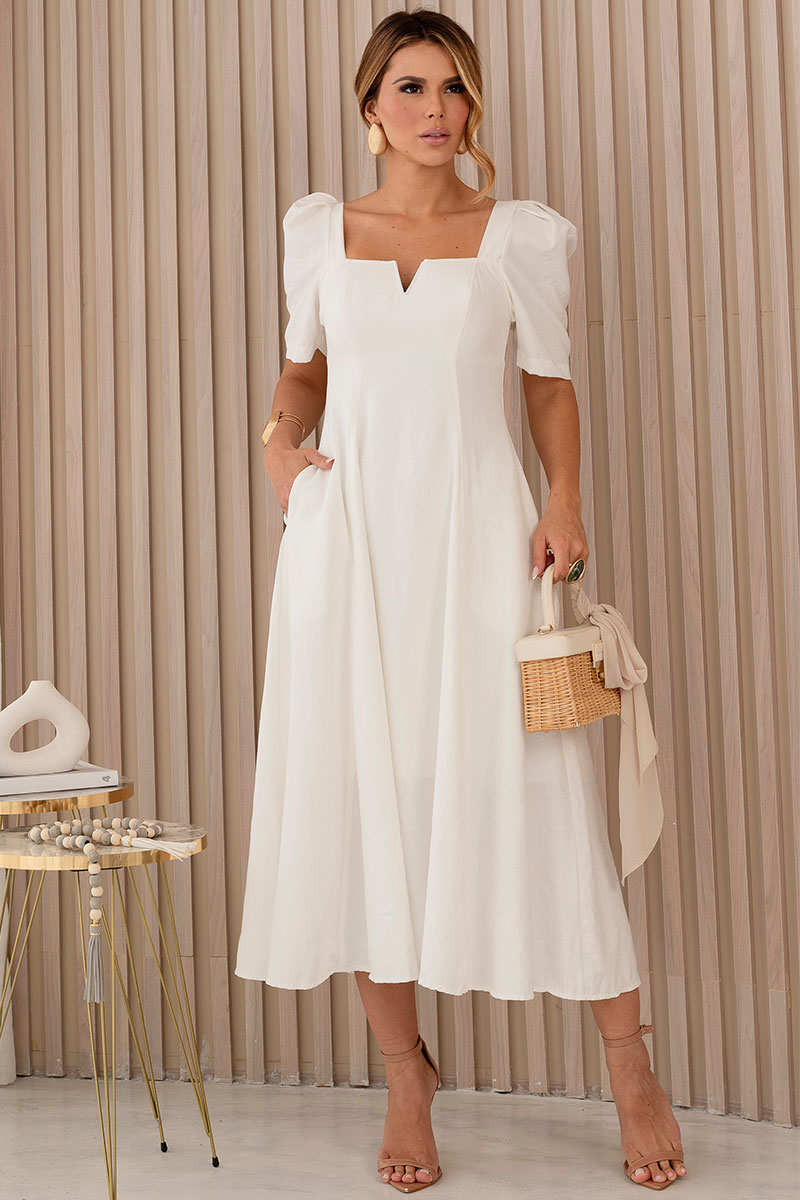 Vestido Dafny Decote V Com  Manga e Prega - Off White