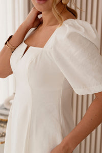 Vestido Dafny Decote V Com  Manga e Prega - Off White