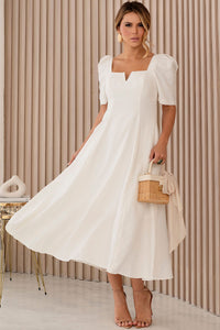 Vestido Dafny Decote V Com  Manga e Prega - Off White