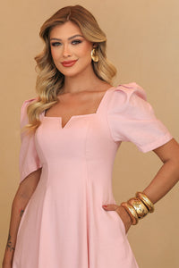 Vestido Dafny Decote V Com  Manga e Prega - Rosa