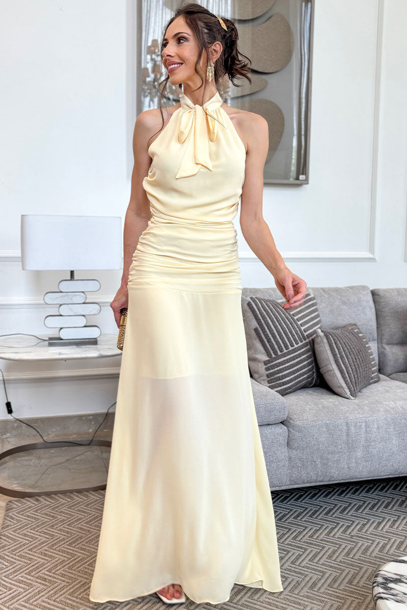 Vestido Linik Longo Crepe Drapeado Com Zíper nas Costas - Amarelo