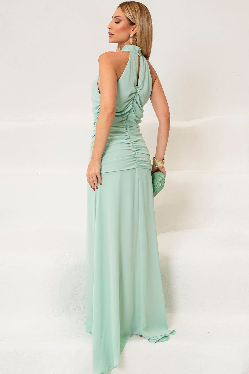 Vestido Linik Longo Crepe Drapeado Com Zíper nas Costas - Verde