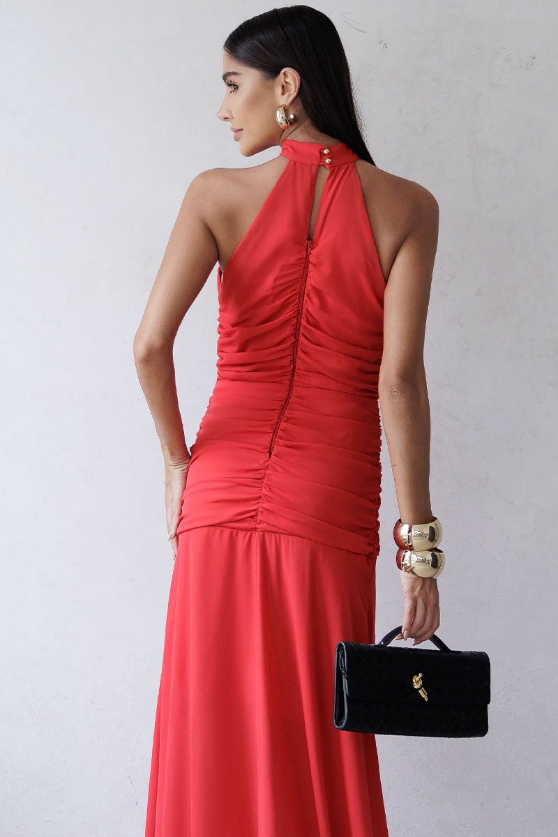 Vestido Linik Longo Crepe Drapeado Com Zíper nas Costas - Vermelho