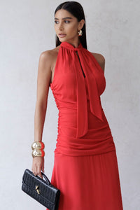 Vestido Linik Longo Crepe Drapeado Com Zíper nas Costas - Vermelho