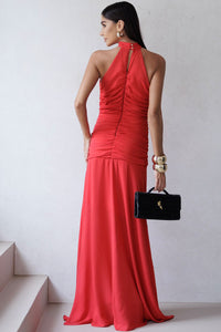 Vestido Linik Longo Crepe Drapeado Com Zíper nas Costas - Vermelho