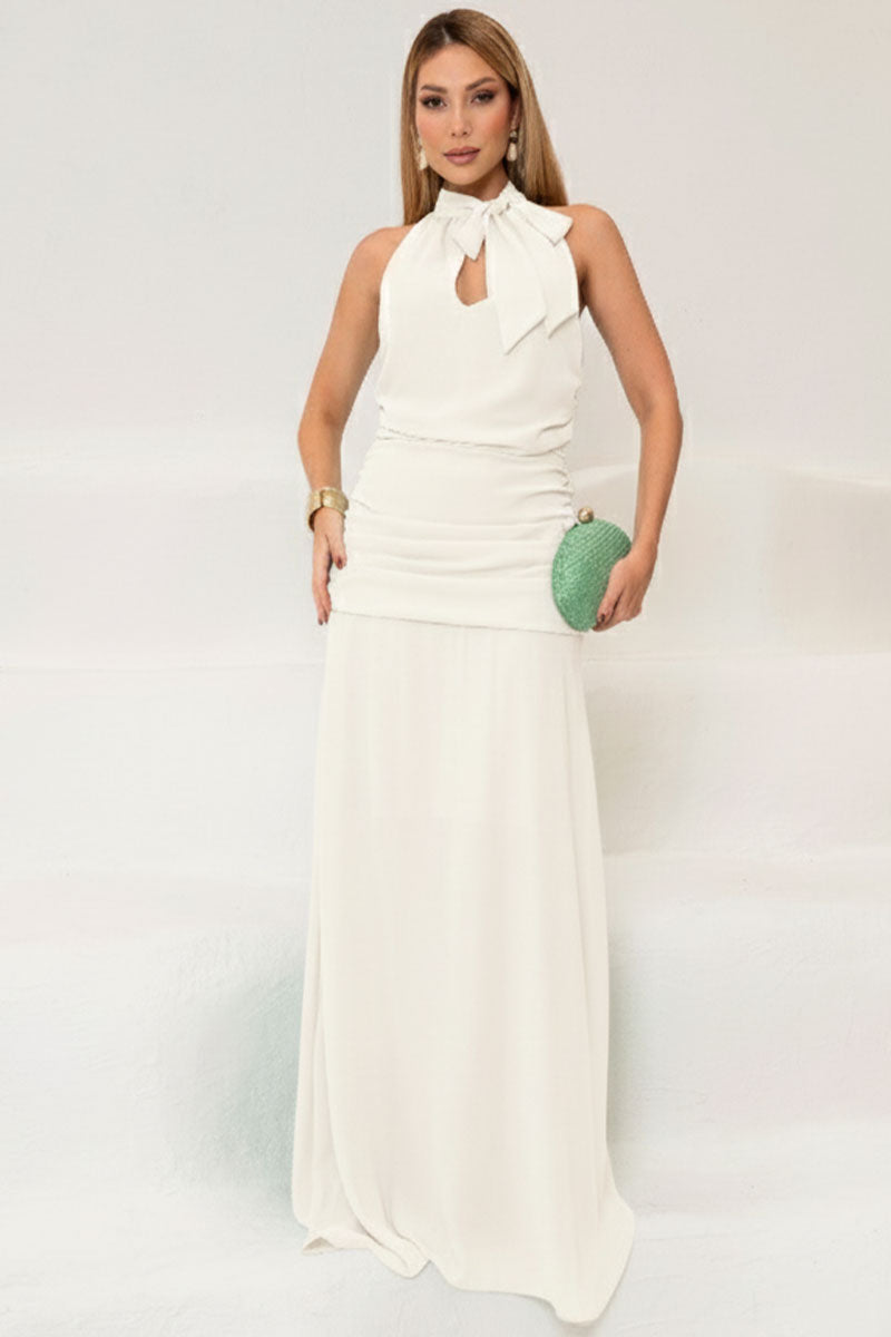 Vestido Linik Longo Crepe Drapeado Com Ziper nas Costas - Off White