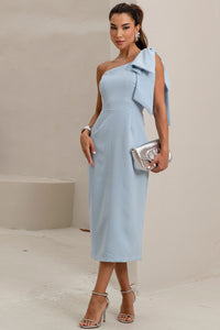 Vestido Samanta Midi Um Ombro Só Com Detalhe  de Laço - Azul