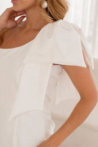 Vestido Samanta Midi Um Ombro Só Com Detalhe  de Laço - Off White