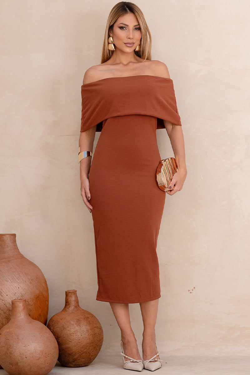 Vestido Ayla Midi Ombro a Ombro Com Zíper Lateral - Marrom