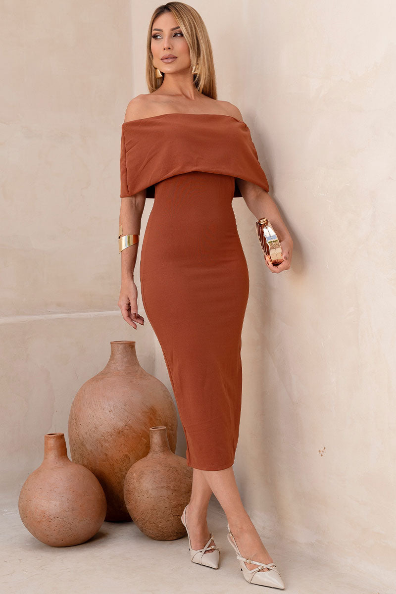 Vestido Ayla Midi Ombro a Ombro Com Zíper Lateral - Marrom