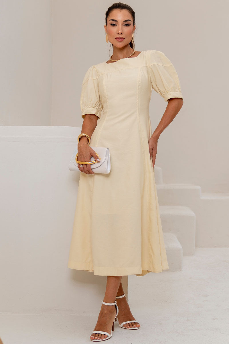 Vestido Midi Ohana Manga Curta Com Bolso e Zíper - Amarelo