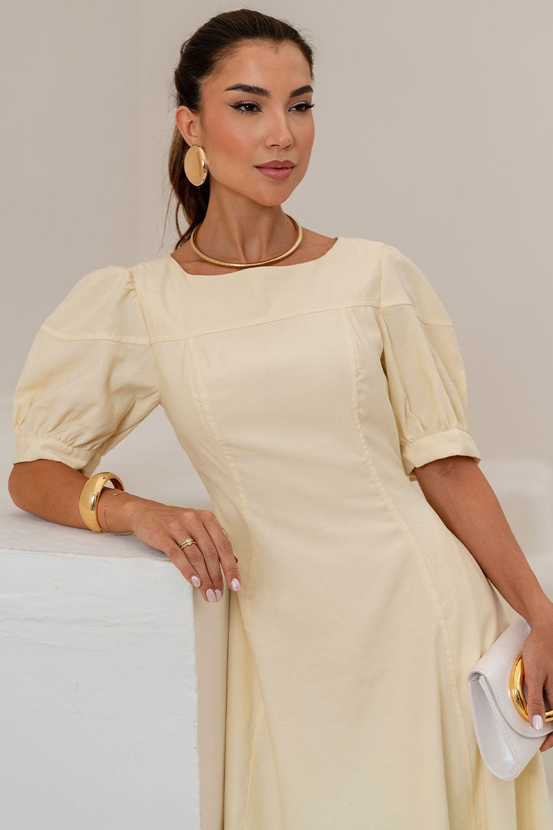 Vestido Midi Ohana Manga Curta Com Bolso e Zíper - Amarelo