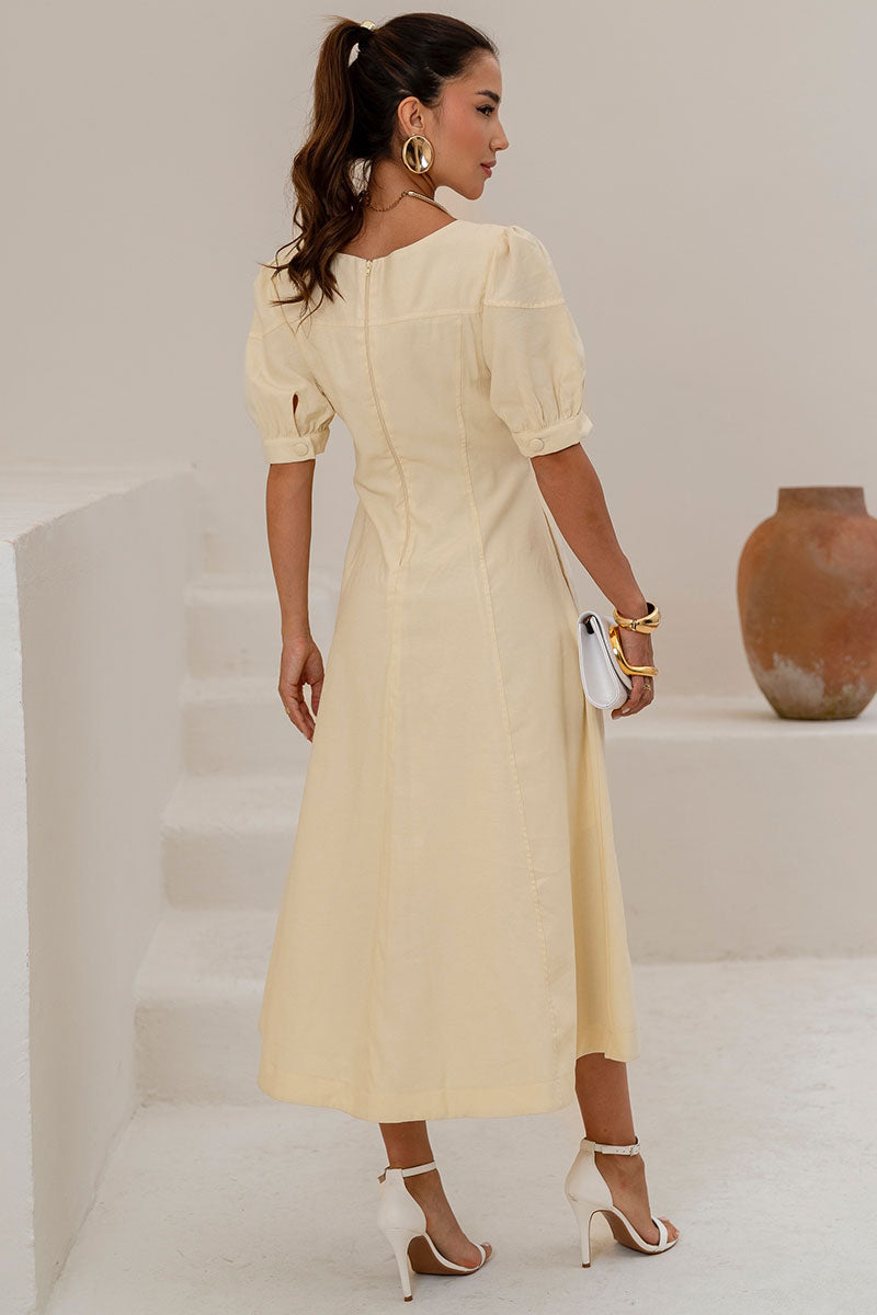 Vestido Midi Ohana Manga Curta Com Bolso e Zíper - Amarelo