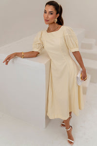 Vestido Midi Ohana Manga Curta Com Bolso e Zíper - Amarelo