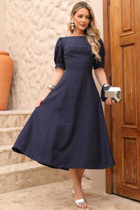 Vestido Midi Ohana Manga Curta Com Bolso e Zíper - Azul Marinho